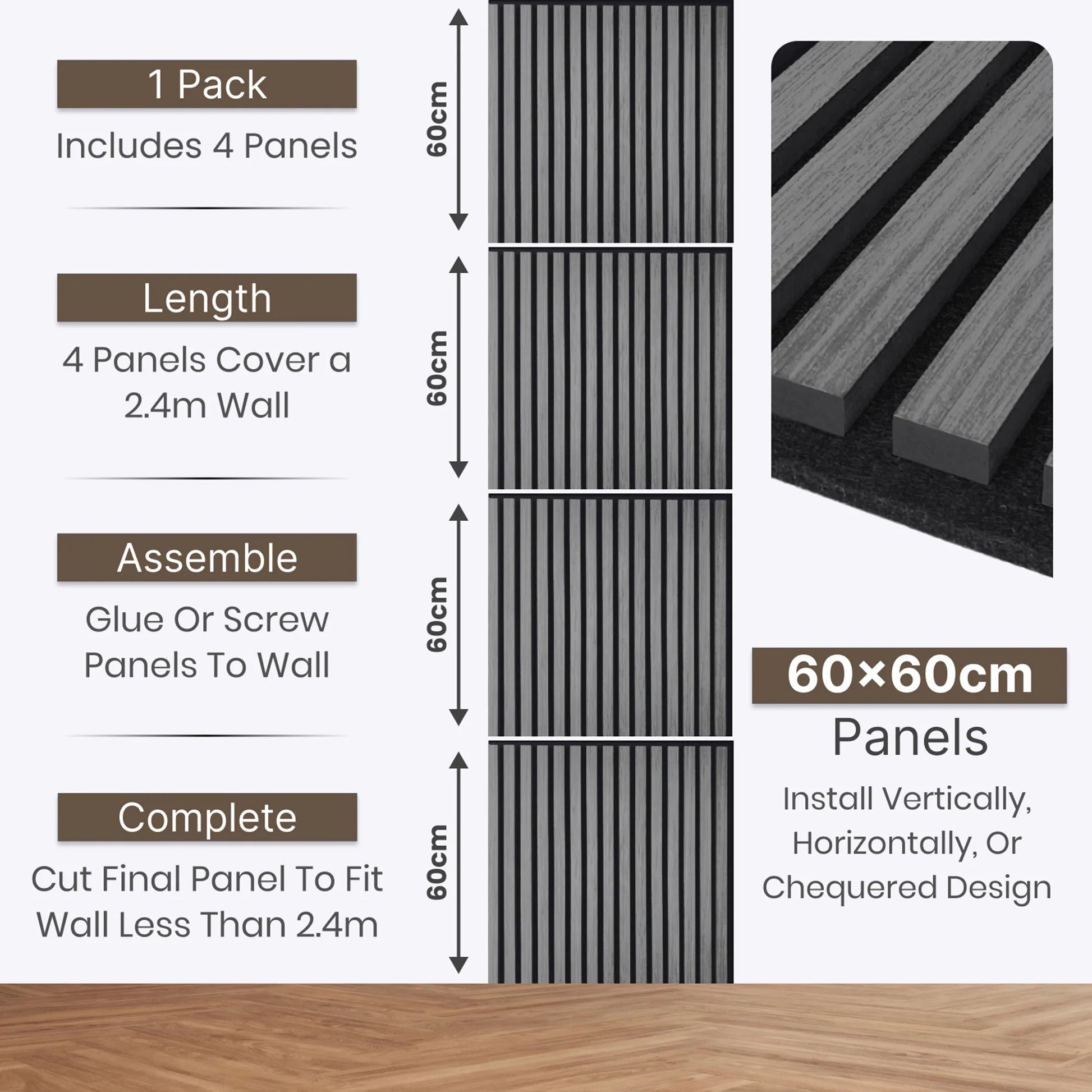 GRANDEUR® Acoustic Square Wall Panels 60 x 60cm (SET of 4) - Charcoal Black